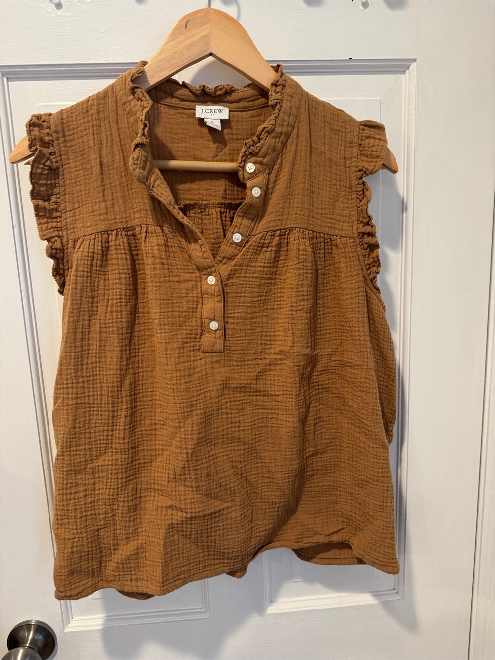 J. Crew Sleeveless Ruffle Henley Camisole in Mustard Brown